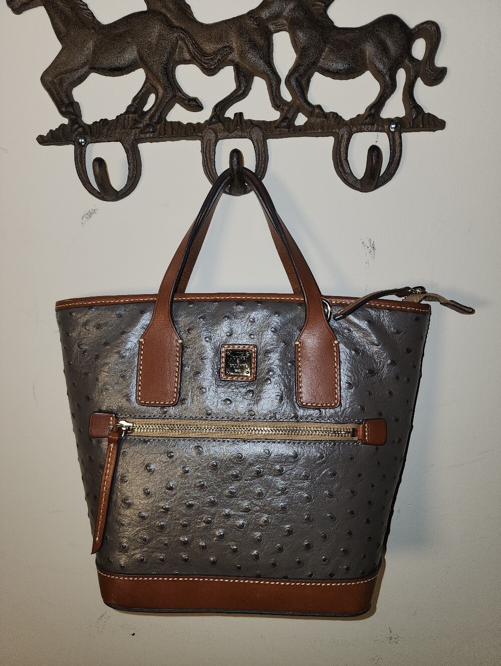 Dooney & Bourke Gray Pewter Brown Ostrich Embossed Leather Tote Crossbody